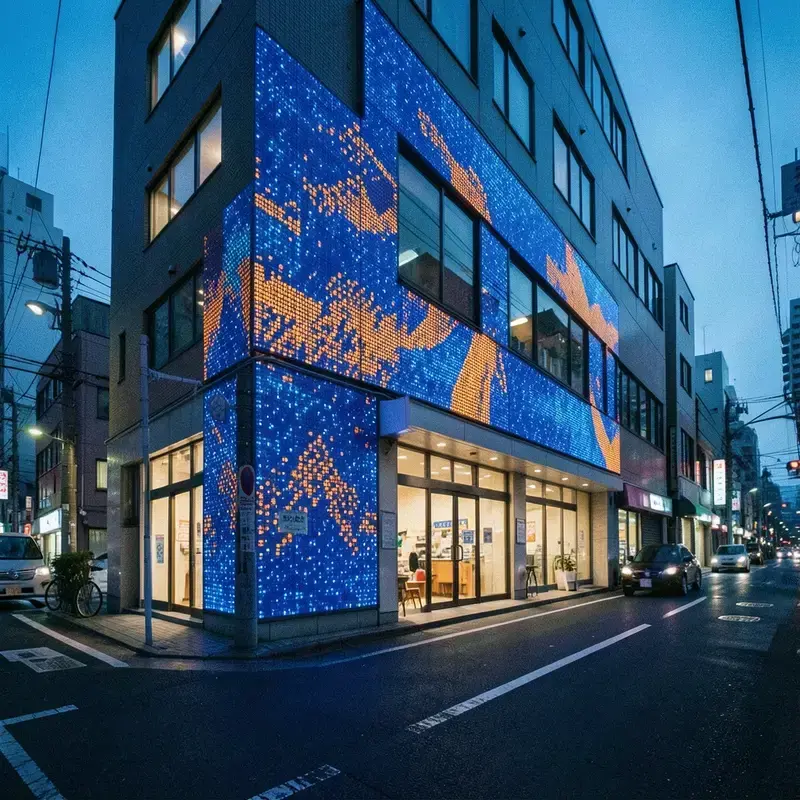 夕暮れの建物外壁に映る、生成的な光の模様