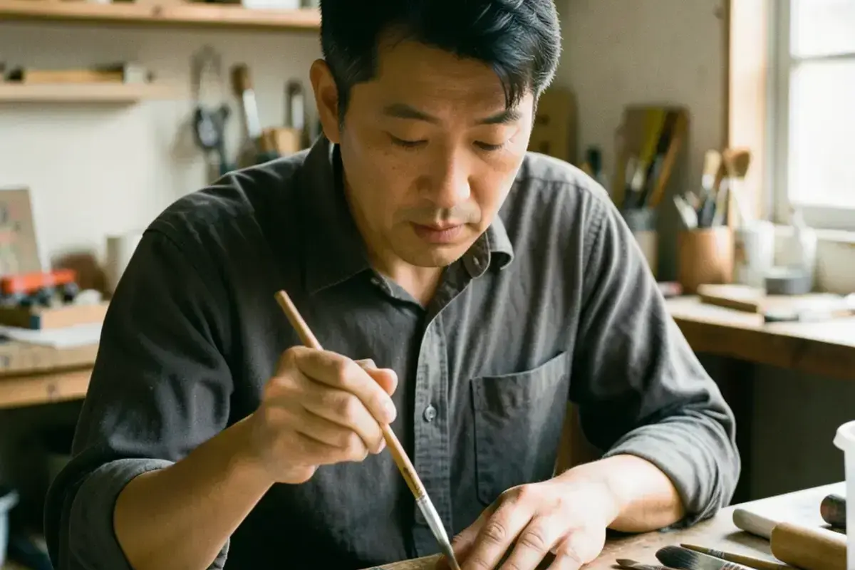 作業台で筆を持ち、色を乗せるアーティストの手元