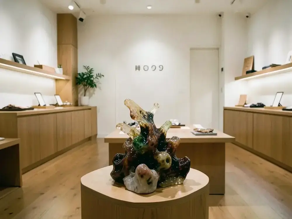 彫刻的な树脂の什器が置かれたブティックの売り場