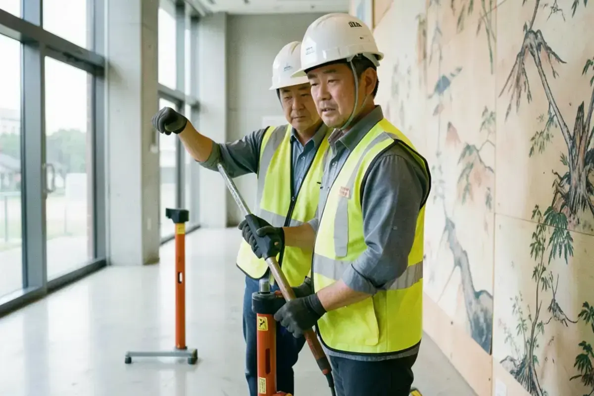 一部だけ設置されたアートウォールの横に水準器を確認する安全帯とヘルメットの現場監督員