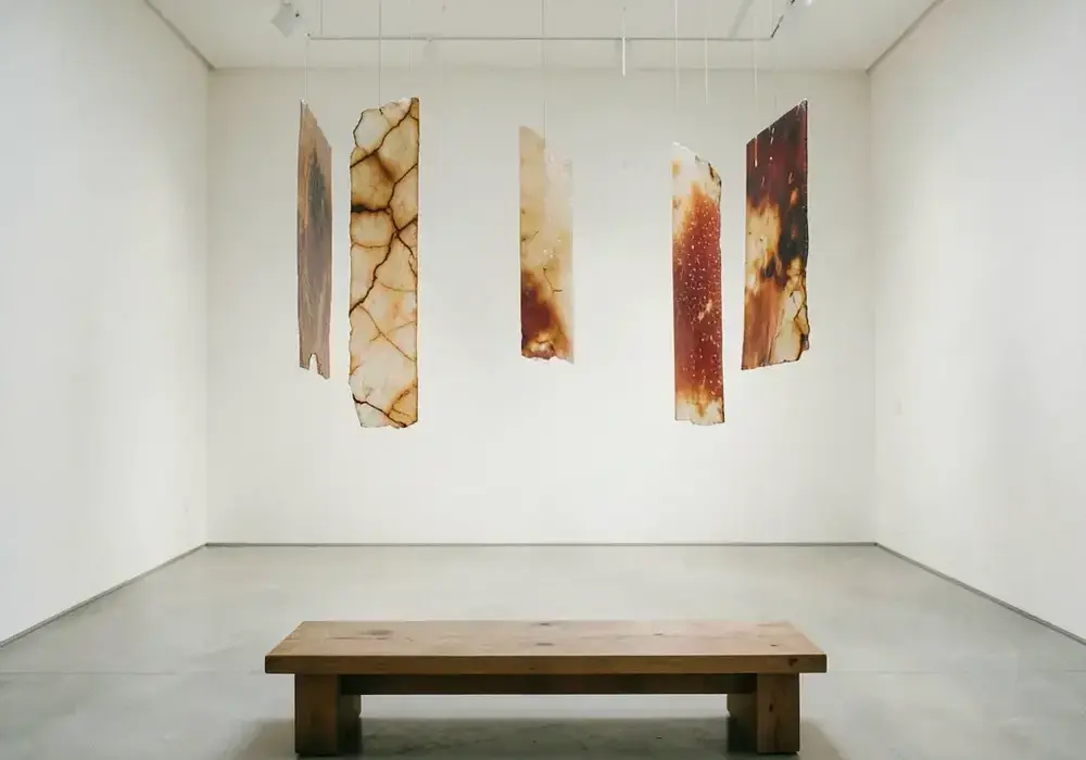 半透明のパネルが吊られた静かな展示室のインスタレーション