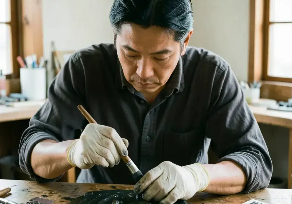ブロンズの表面に筆で色をつけるアーティストの手元